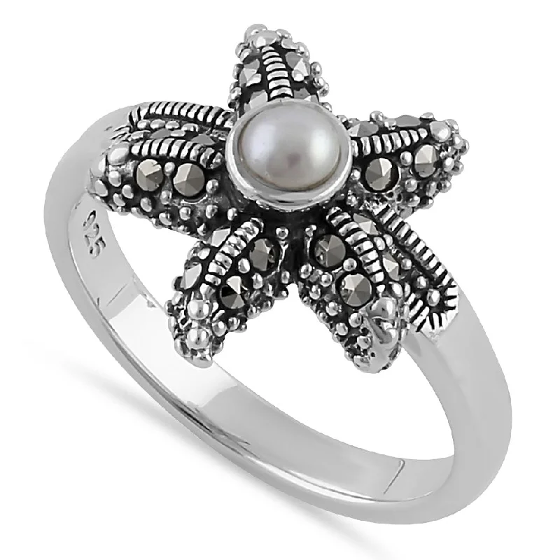 Sterling Silver Fresh Water Pearl Marcasite Starfish Ring