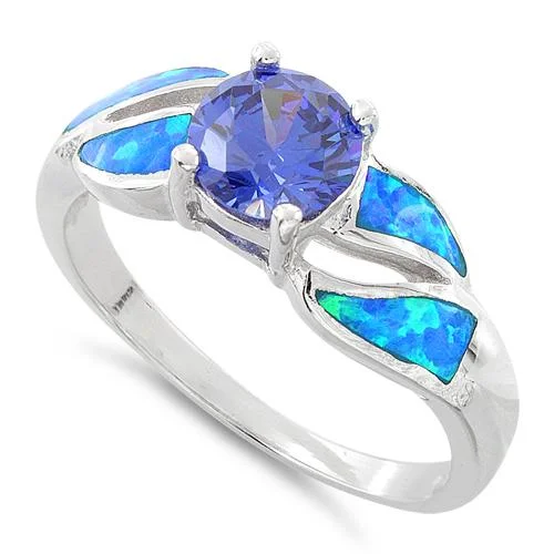 Sterling Silver Lab Opal Round Tanzanite CZ Ring