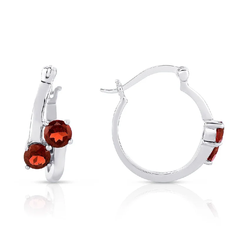 Dolce Giavonna Sterling Silver Garnet Hoop Earrings