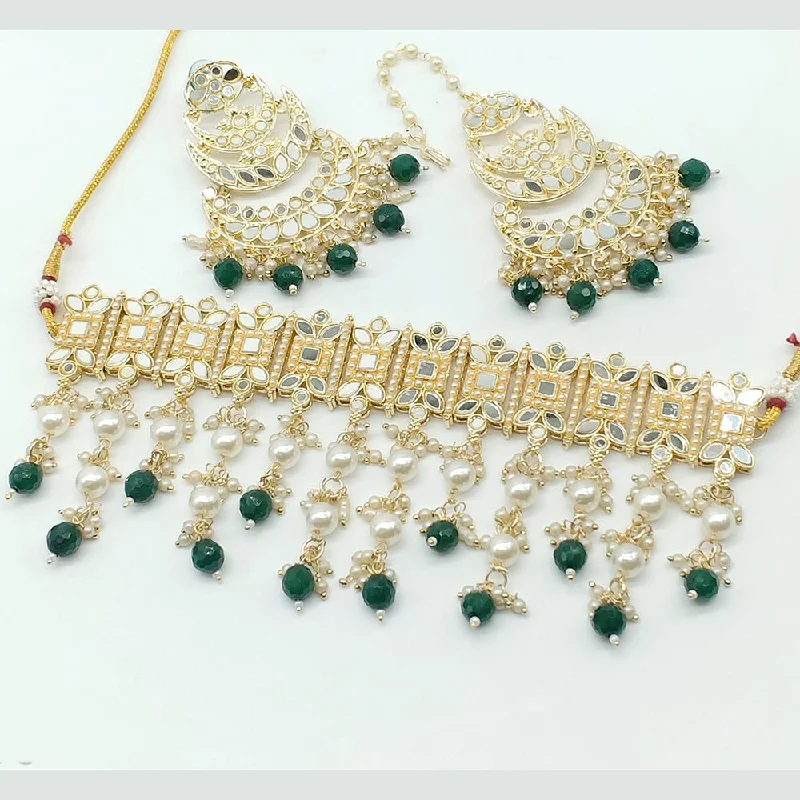 Rajwadi Collection Gold Plated Pearl Mirror And Beads  Choker Necklace Set