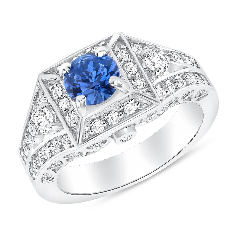 0.83 ct Blue Sapphire and Diamond Ring in 14k White Gold