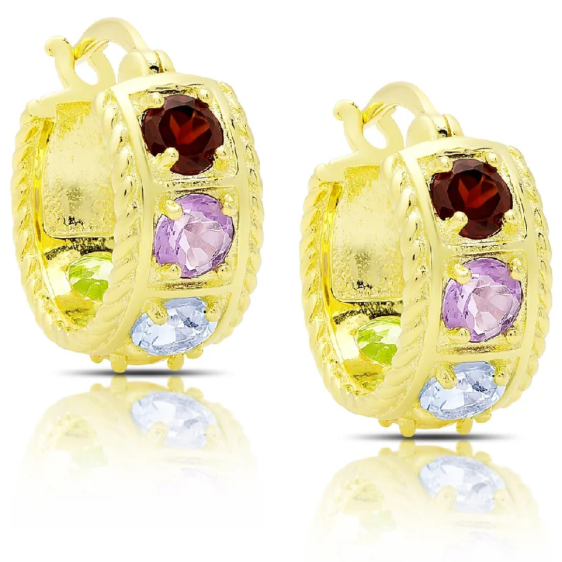 Dolce Giavonna Gold Over Sterling Silver Multi Gemstone Saddleback Hoop Earrings