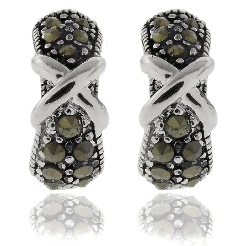 Dolce Giavonna Silverplated Marcasite 'X' Hoop Earrings