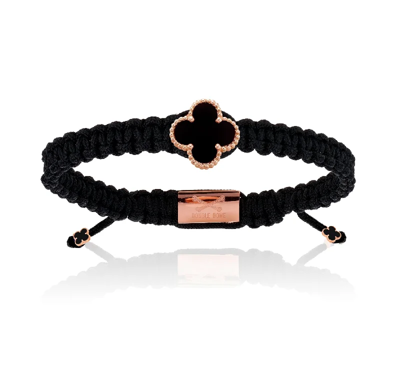 Clover Black Onyx Stone, Black Polyester With Rose Gold Bracelet