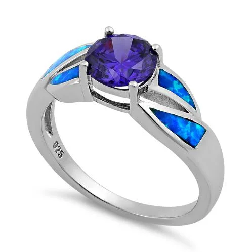 Sterling Silver Amethyst Center Round Stone Blue Lab Opal Ring