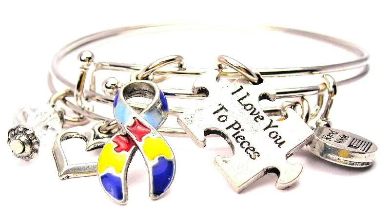 I Love You To Pieces Autism Puzzle Piece And Autism Puzzle Piece Ribbon Painted Expandable Bangle Bracelet Set