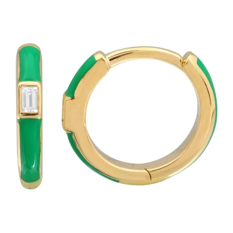 Joelle Diamond & Green Enamel Huggie Hoop Earrings 14K Yellow Gold