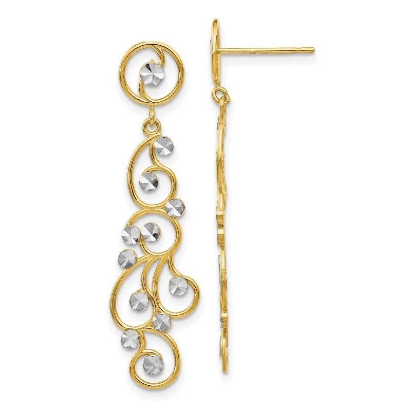 Curata 14k Yellow Gold 41x10mm Rhodium Filigree Long Drop Dangle Earrings