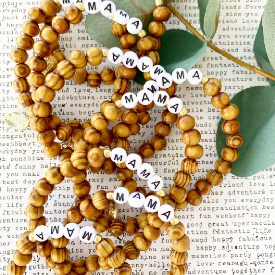 Wood and Alphabet Beaded "Mama" Bracelet