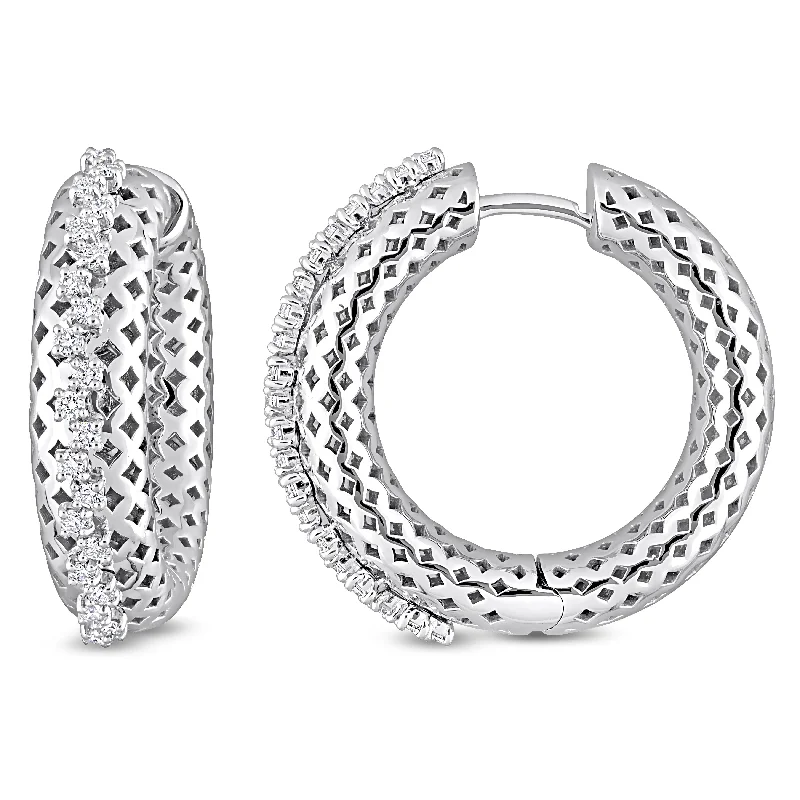 Miadora 14k White Gold 2/5ct TDW Diamond Textured Hoop Earrings