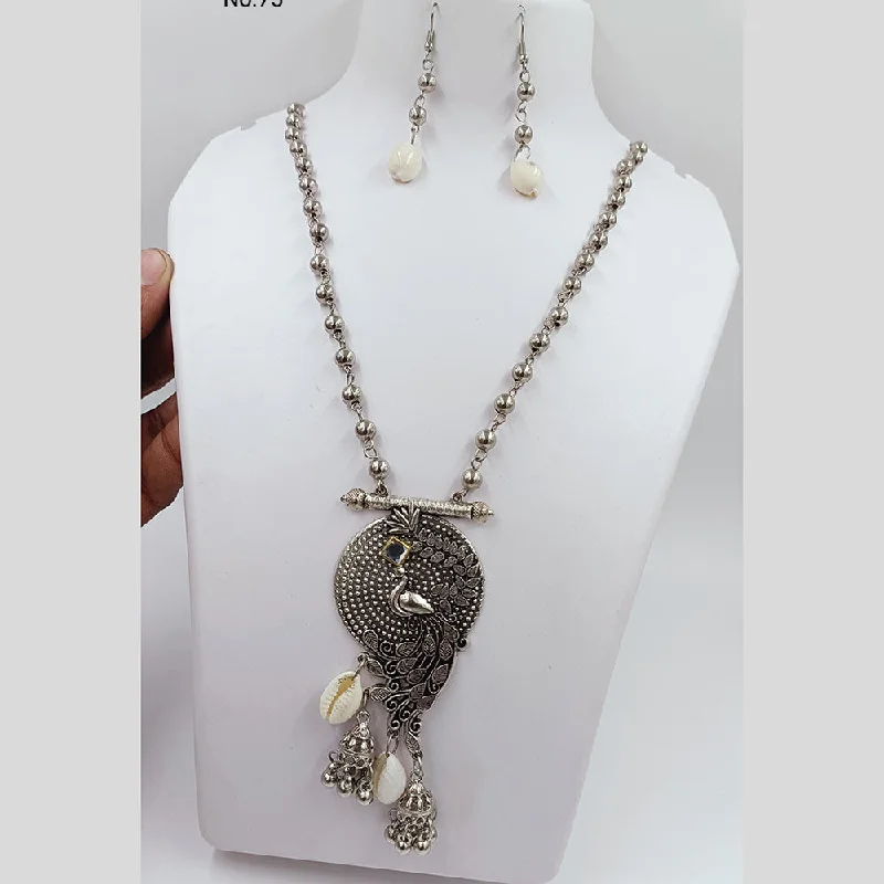 Kavita Art Oxidised Plated Peacock Style Shell Long Necklace Set