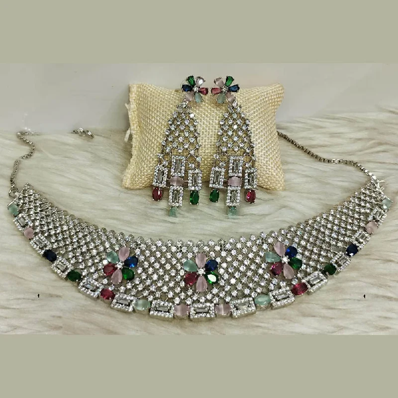 Jain Jewellers Silver Plated AD Choker Necklace Set