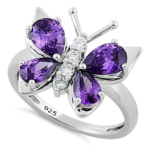 Sterling Silver Purple CZ Butterfly Ring