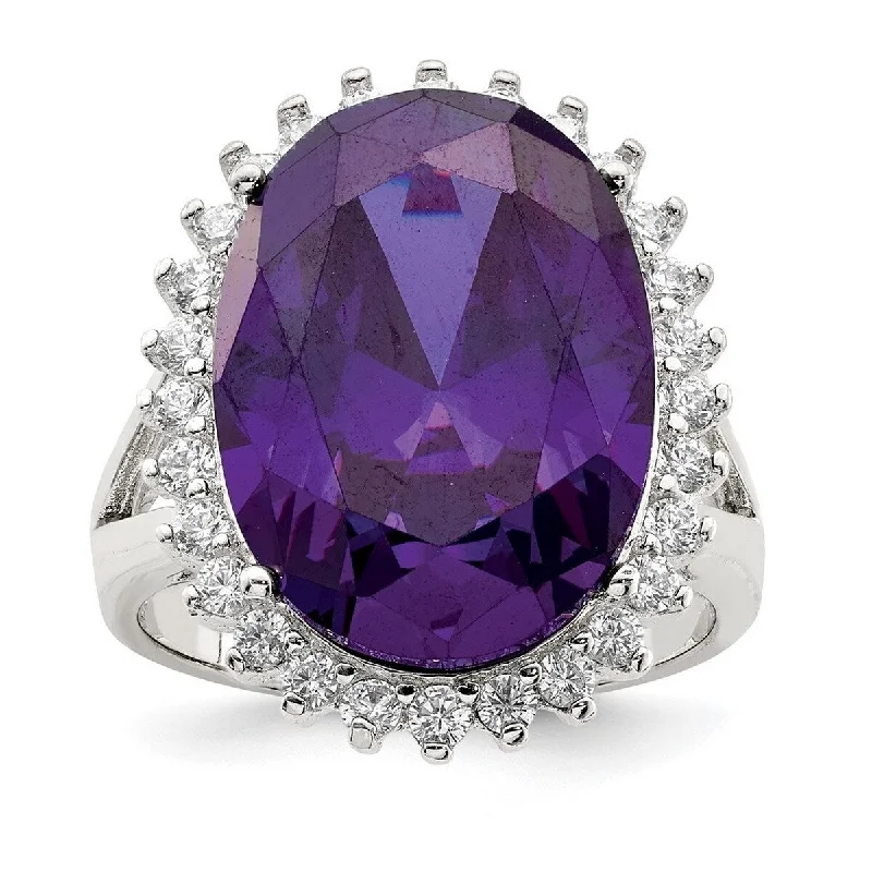 Curata 925 Sterling Silver Polished Open back Purple and Clear CZ Cubic Zirconia Simulated Diamond Ring