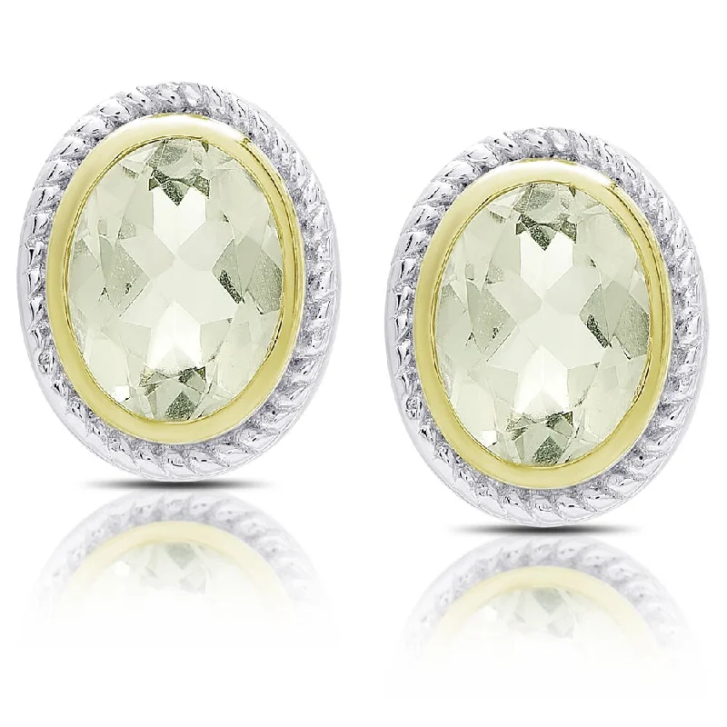 Dolce Giavonna Sterling Silver Oval Green Amethyst Stud Earrings