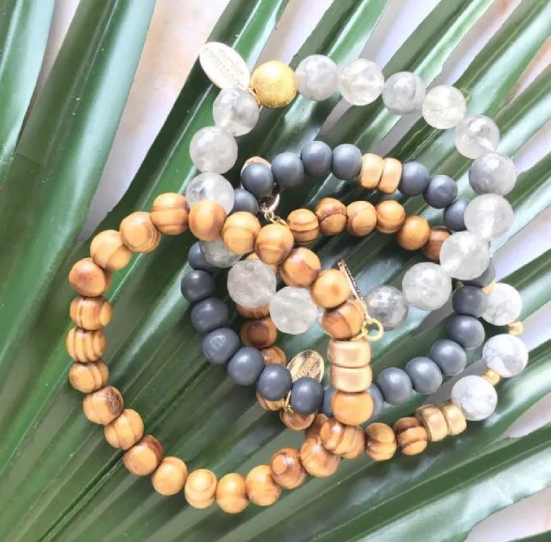 Olive Wood and Smokey Quartz Beaded "Stormy" Bracelet Stack