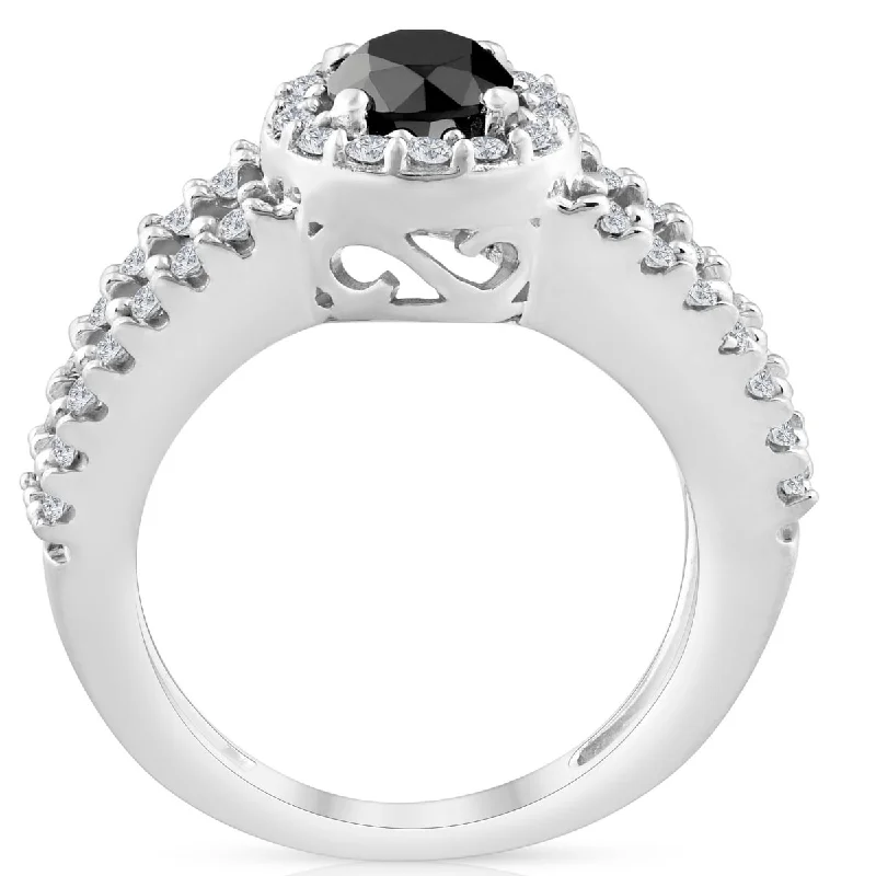 3/4ct Halo Split Shank Black & White Diamond Ring White Gold