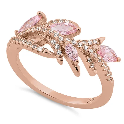 Sterling Silver Rose Gold Plated Vine Leaves Pink CZ Ring