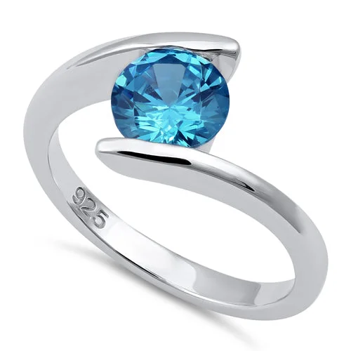 Sterling Silver Round Bezel Blue Topaz CZ Ring