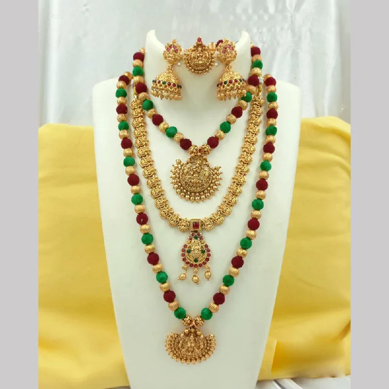 Joyful Jewel Art Matte Gold Plated Pota Stone Temple Long Necklace Combo