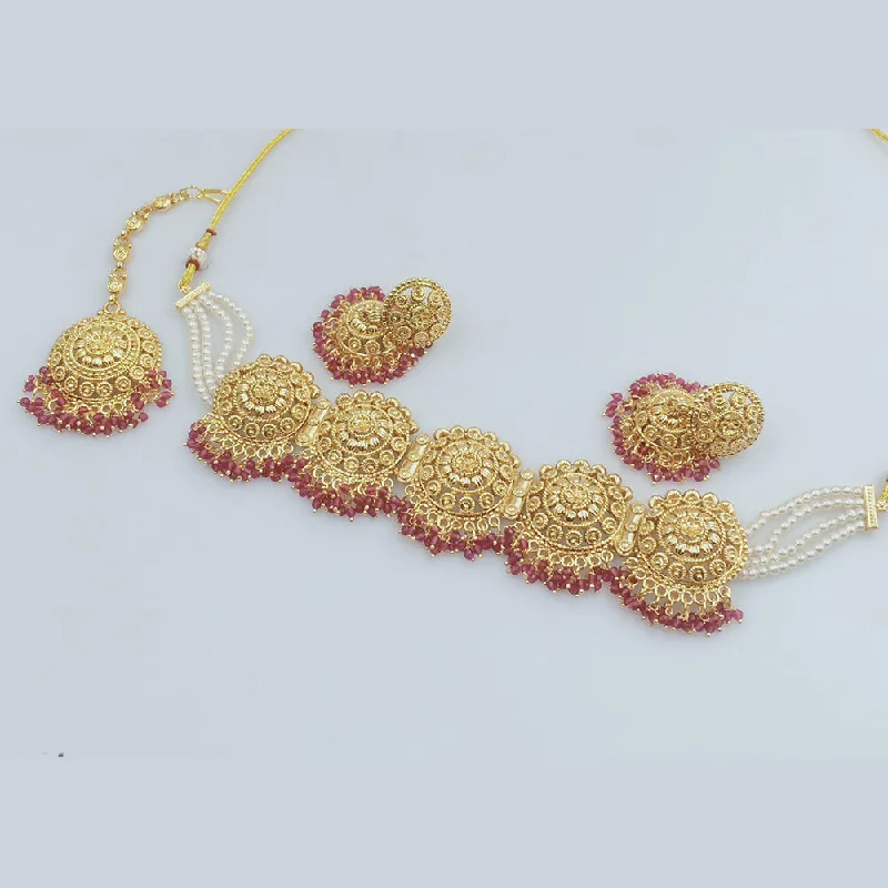 Rajwadi Collection Gold Plated Pota Stone And Pearl  Choker Necklace Set