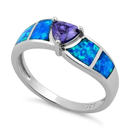 Sterling Silver Amethyst Center Trillion Cut Stone Blue Lab Opal Ring