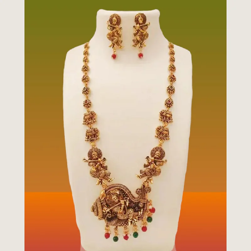 Kavyanjali Jewels Gold Plated Pota Stone Temple Long Necklace Set