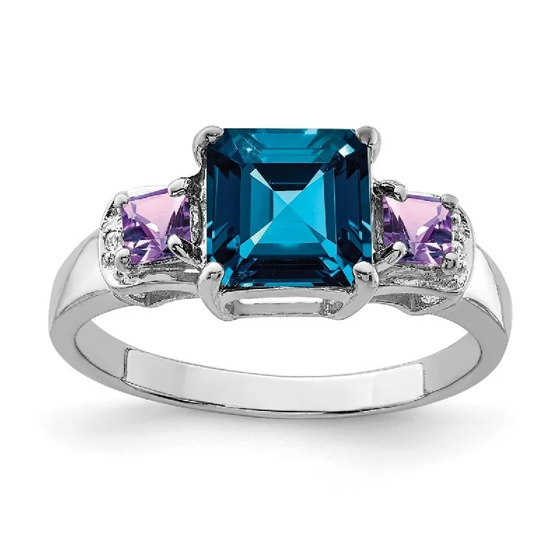 Curata 925 Sterling Silver London Blue Topaz Amethyst and Diamond Ring