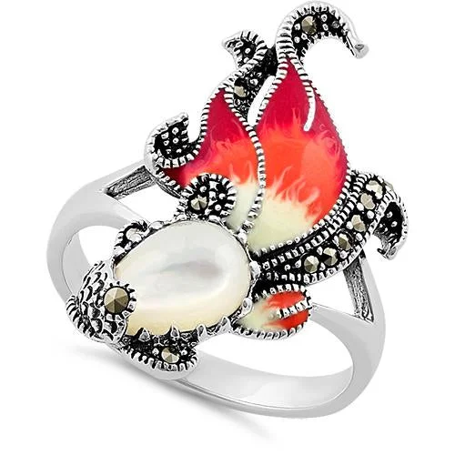 Sterling Silver Mother of Pearl Enamel Ghost Fish Marcasite Ring