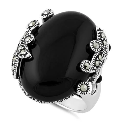 Sterling Silver Big Oval Black Onyx Floral Marcasite Ring