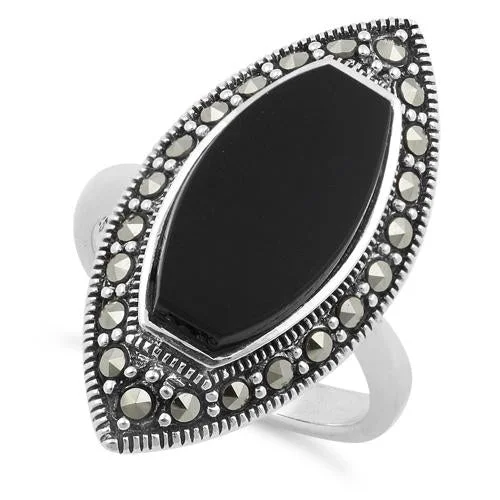 Sterling Silver Black Onyx Marquise Marcasite Ring