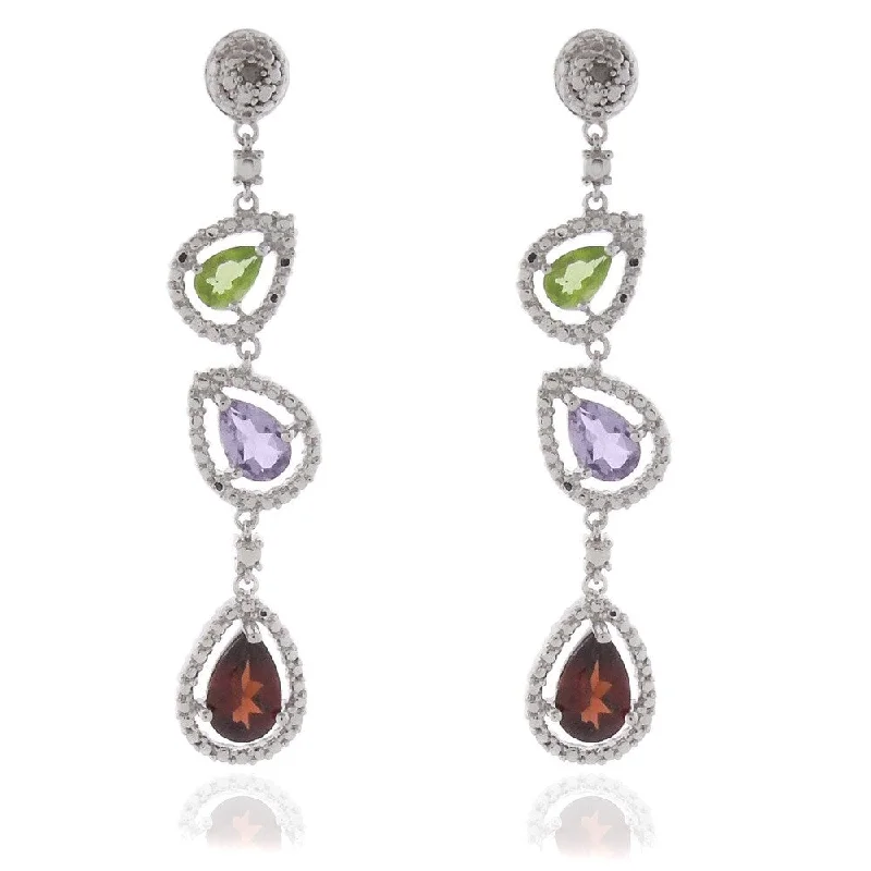 Dolce Giavonna Silver Overlay Peridot, Amethyst, Garnet and Diamond Earrings