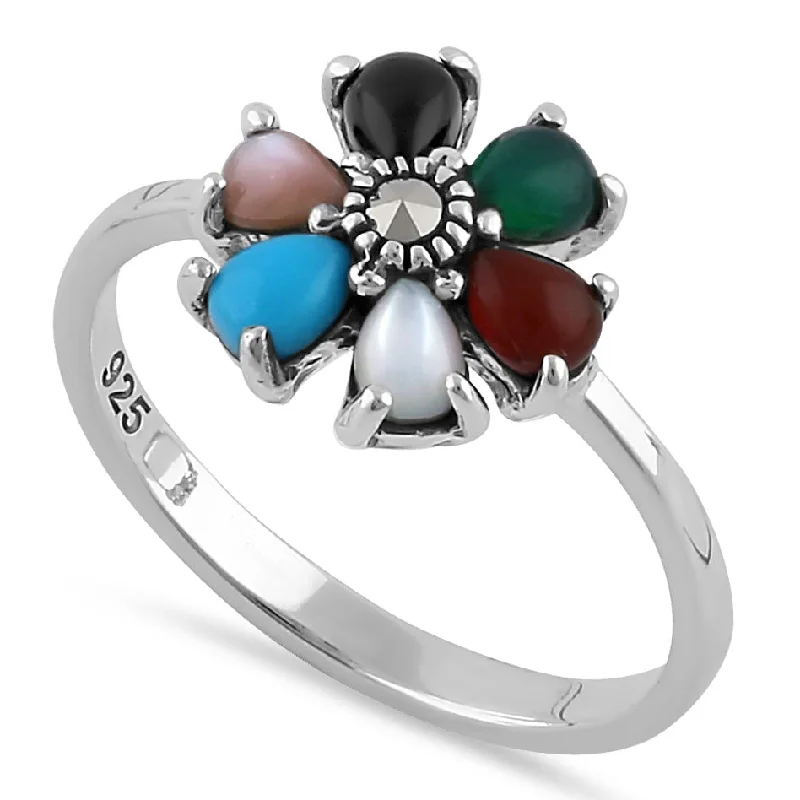 Sterling Silver Multi-Color Pear Flower Marcasite Ring