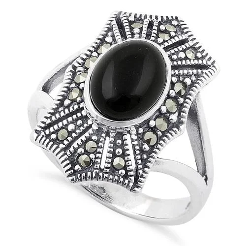 Sterling Silver Black Onyx Web Marcasite Ring