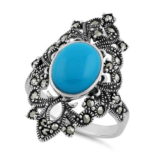 Sterling Silver Fleur de Lis Simulated Turquoise Marcasite Ring