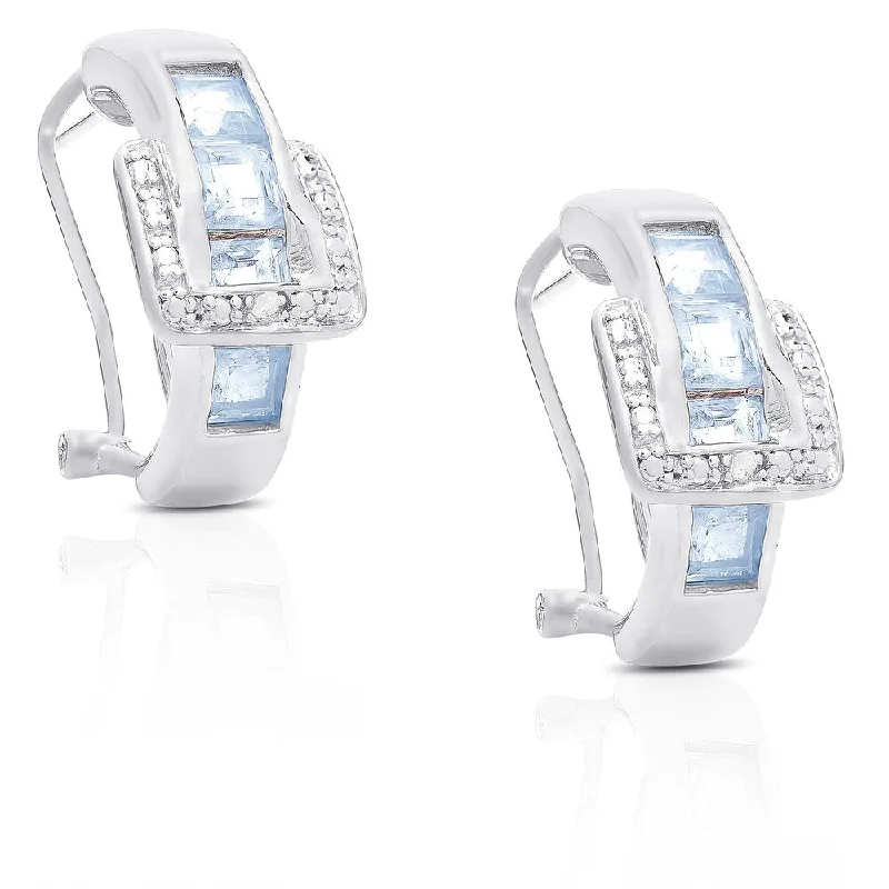 Dolce Giavonna Sterling Silver Blue Topaz and Diamond Accent Buckle Design Earrings