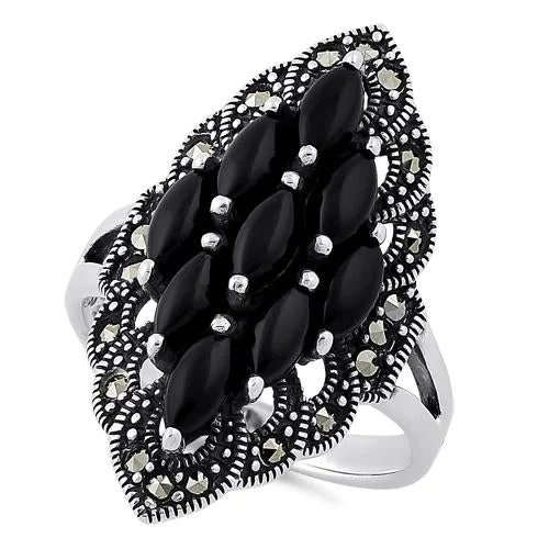 Sterling Silver Black Onyx Marquise Marcasite Ring