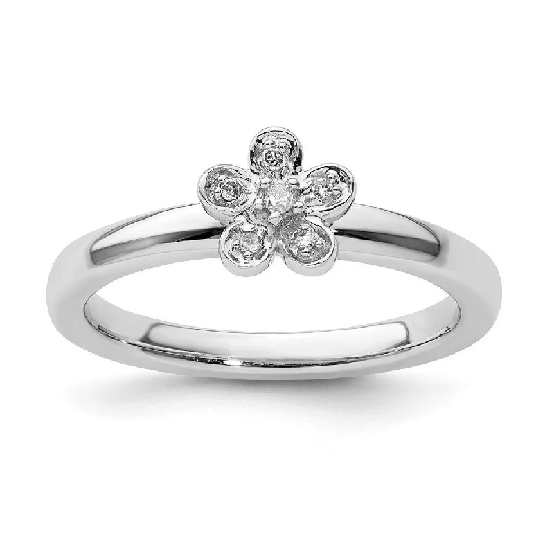 Curata 925 Sterling Silver Polished Prong set Stackable Expressions Flower Diamond Ring