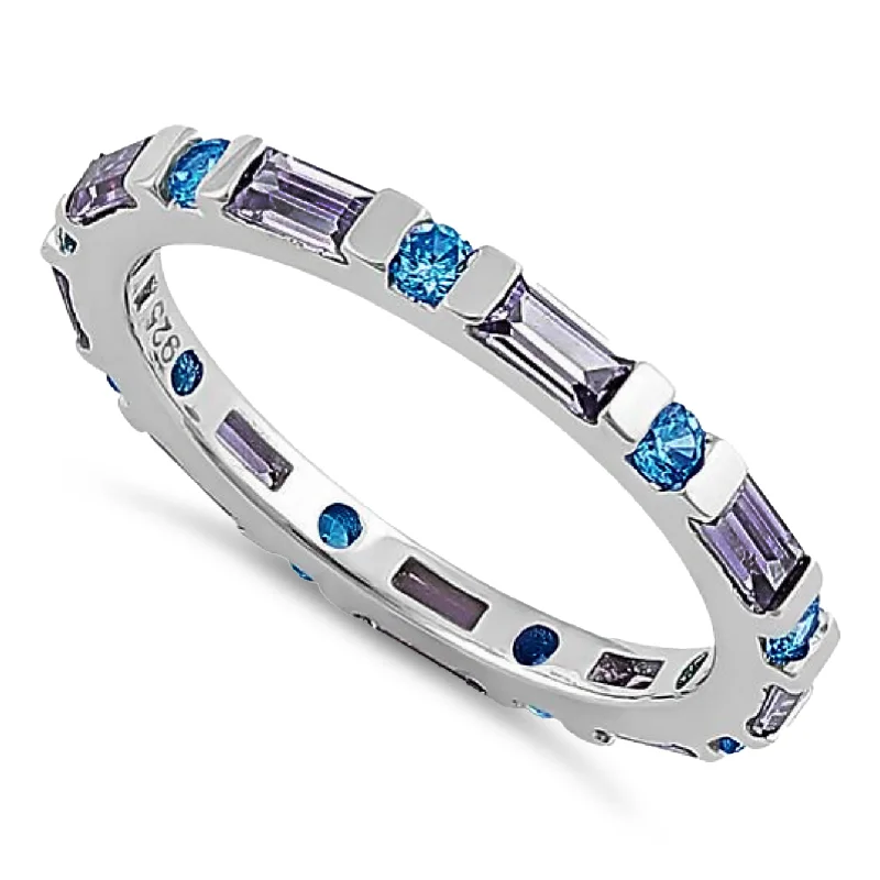 Sterling Silver Blue & Purple Eternity CZ Ring