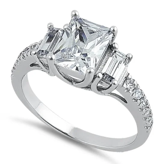 Sterling Silver 3 Stone CZ Engagement Ring