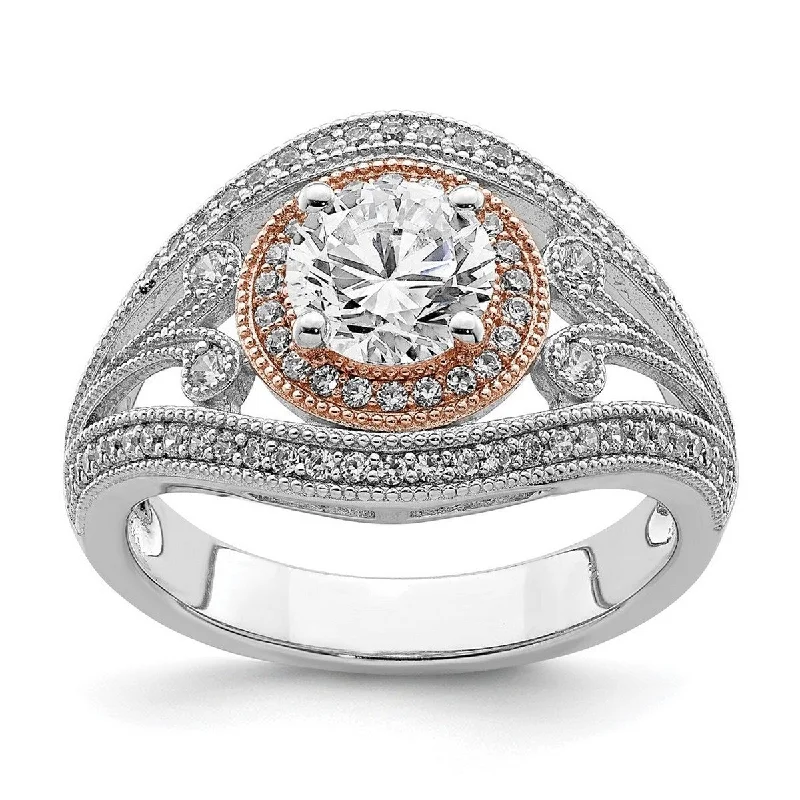 Curata 925 Sterling Silver Rhodium Plated and Rose tone CZ Cubic Zirconia Simulated Diamond Ring