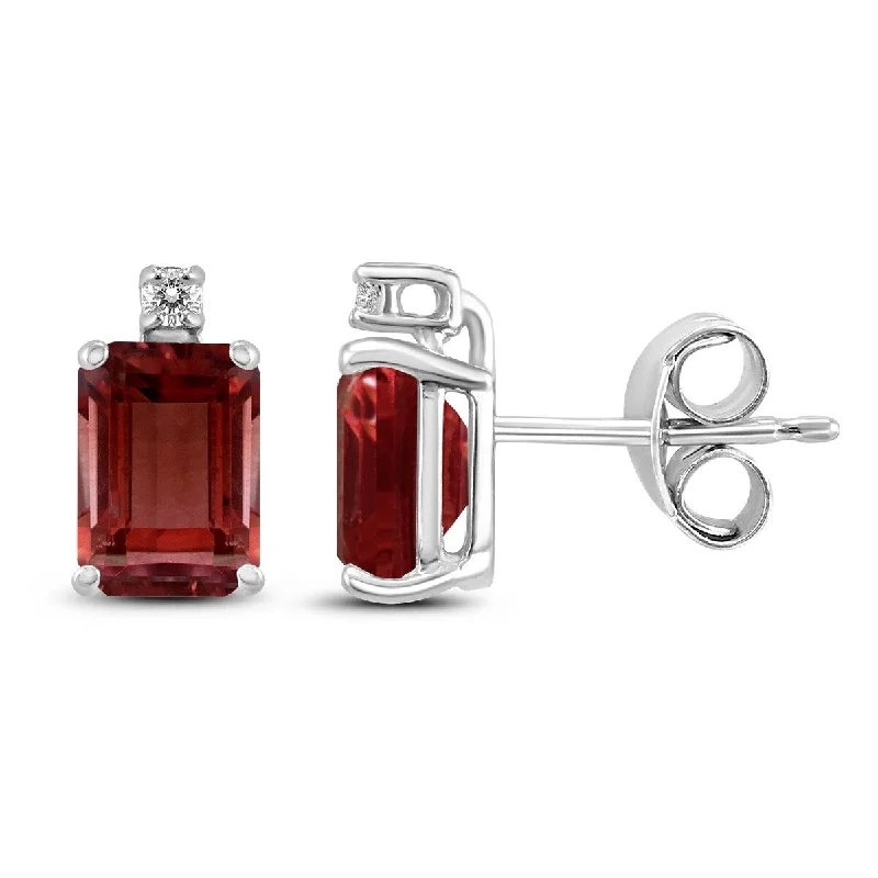 Marquee 14K White Gold 6x4MM Emerald Shaped Garnet and Diamond Earrings