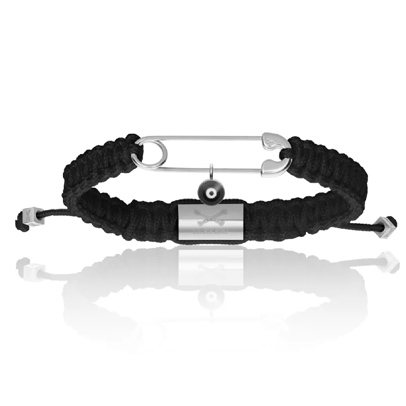 Black Nylon With Silver Polyester Safety Pin Bracelet