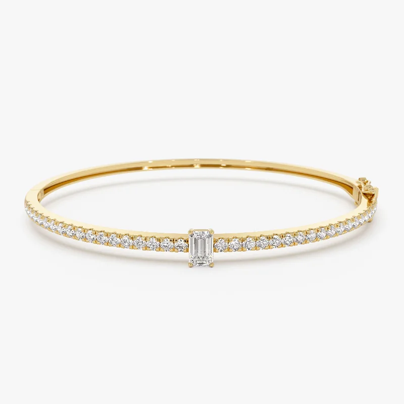 14k Gold Emerald Cut and Round Diamond Bangle