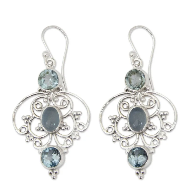 NOVICA Handmade Sterling Silver Blue Arabesque Topaz Chalcedony Earrings (India) - 2*1.2