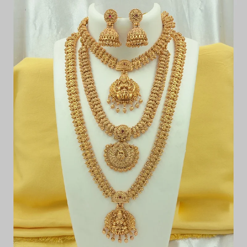 Joyful Jewel Art Matte Gold Plated Pota Stone Temple Long Necklace Combo