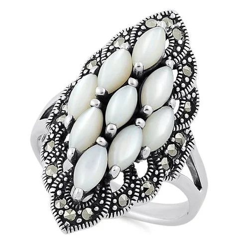 Sterling Silver Mother of Pearl Marquise Marcasite Ring