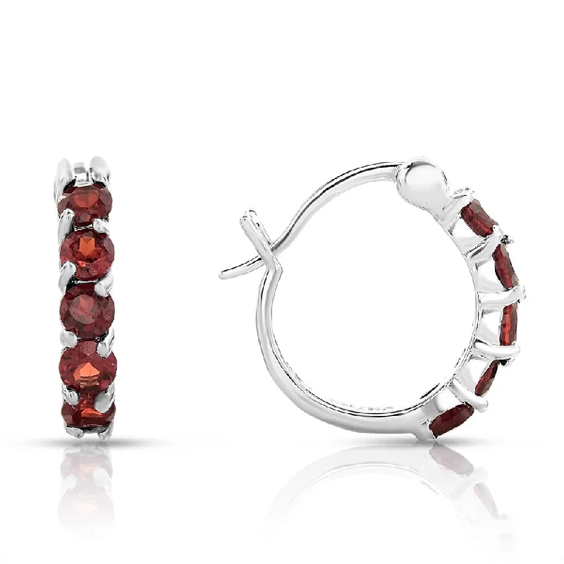 Dolce Giavonna Sterling Silver Garnet Hoop Earrings