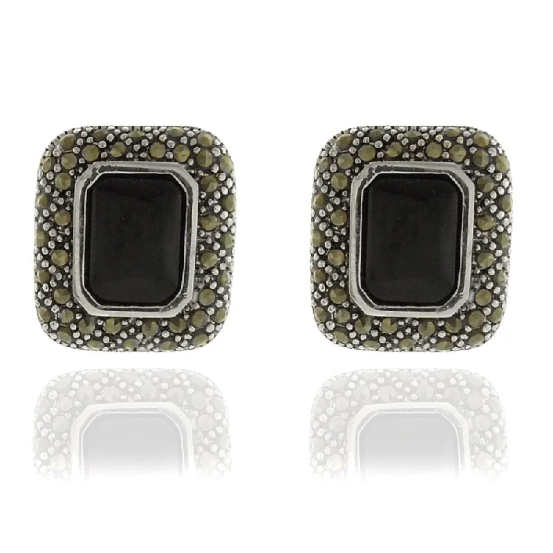 Dolce Giavonna Silverplated Black Onyx and Marcasite Earrings