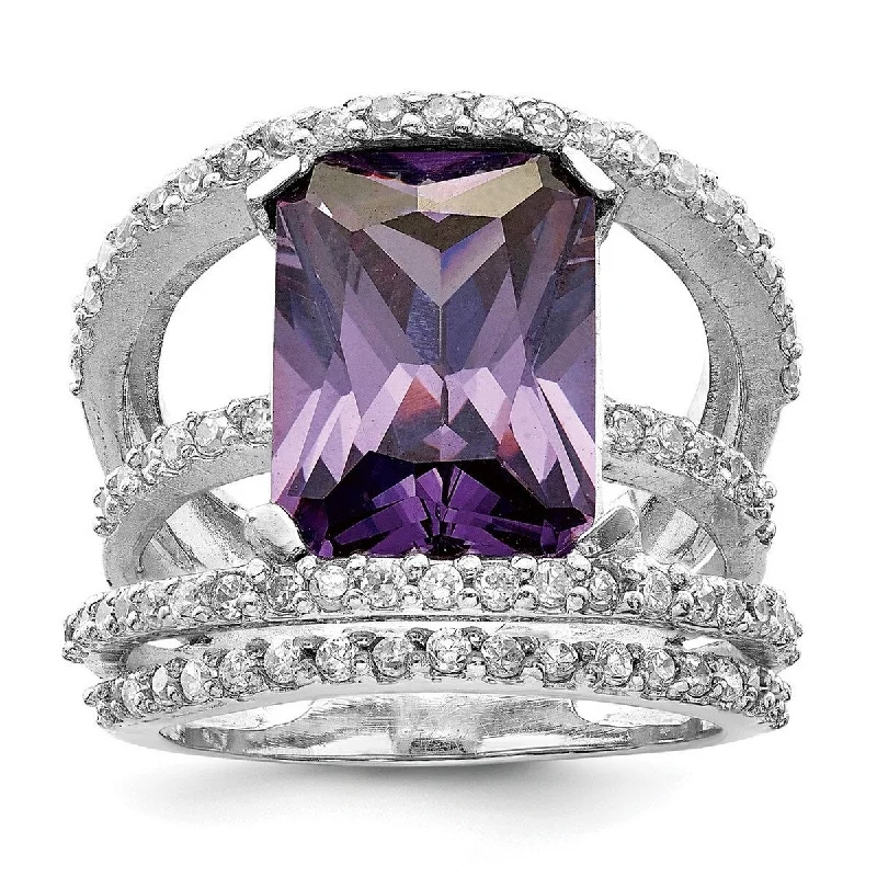 Curata 925 Sterling Silver Polished Open back Purple and Clear CZ Cubic Zirconia Simulated Diamond Ring